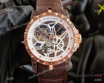 Copy Roger Dubuis Excalibur 46 Skeleton Tourbillon Watches Rose Gold Tattoo